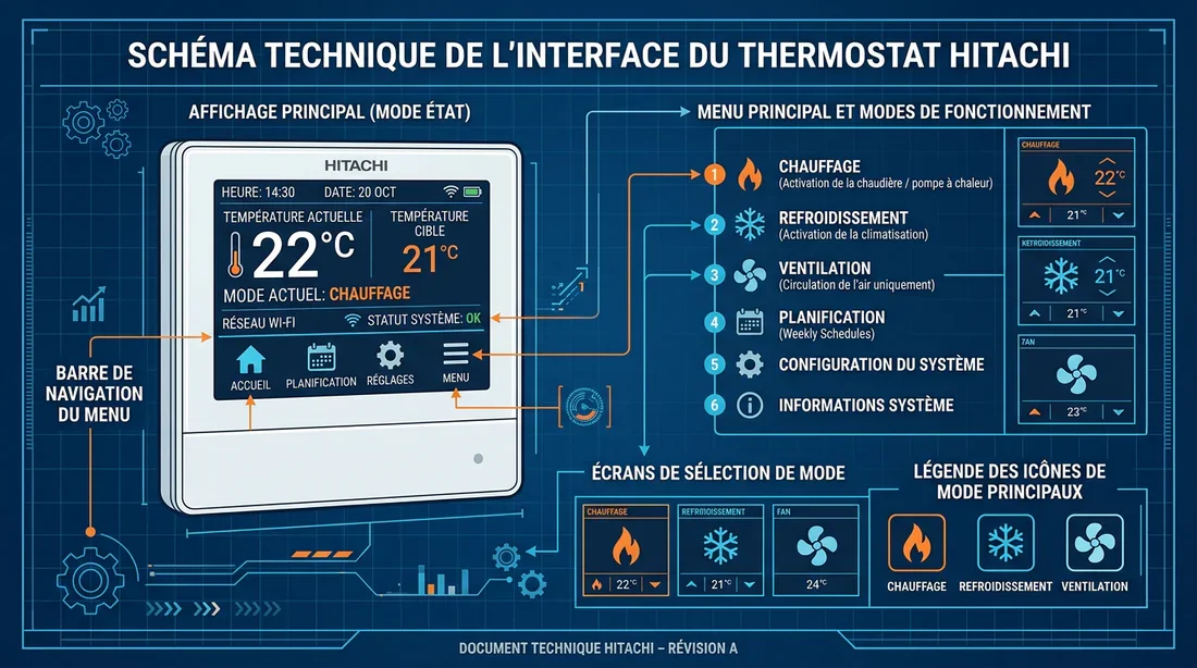 Schéma de l'interface menu thermostat Hitachi Interface de menu du thermostat Hitachi