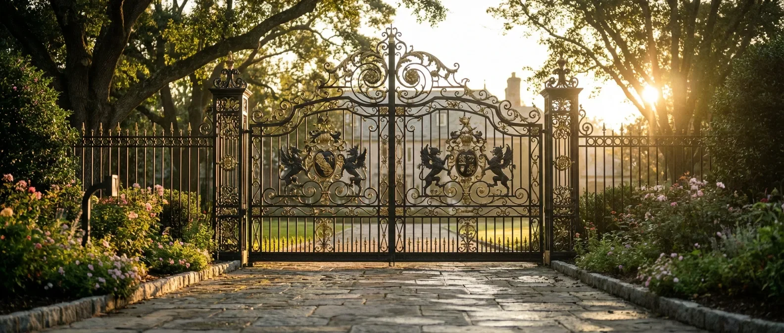 Rénovation et entretien d'un portail en fer de prestige Vue cinématographique d'un portail en fer forgé élégant dans un jardin luxuriant au soleil couchant