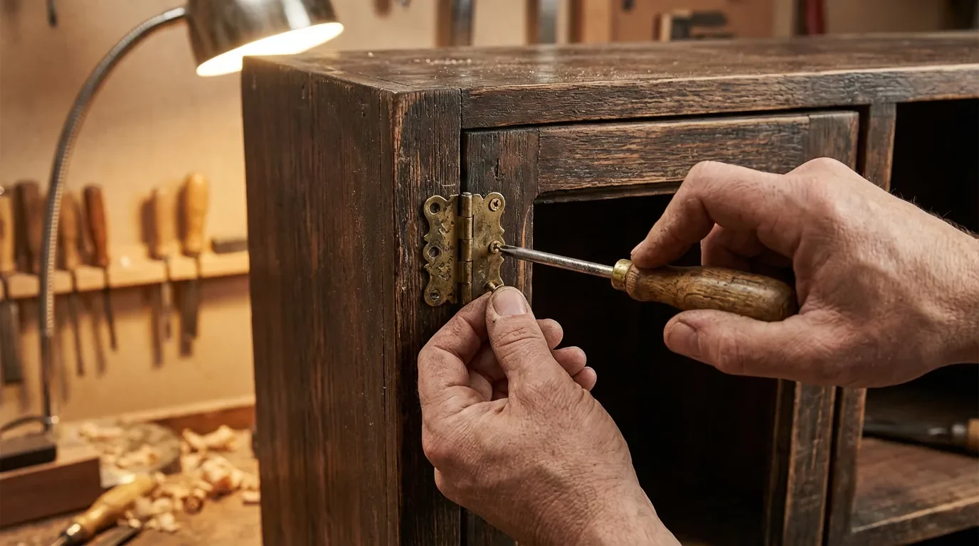Pose de la fiche à lacet Artisan vissant une nouvelle fiche à lacet sur une porte de placard en bois