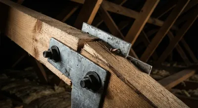 Détail iconique d'un renfort de panne de charpente, symbolisant la solidité.