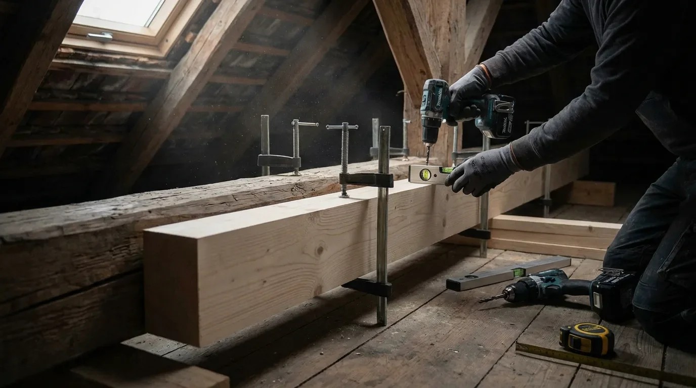 Illustration détaillée d'un artisan réalisant un renfort de panne par moisage.