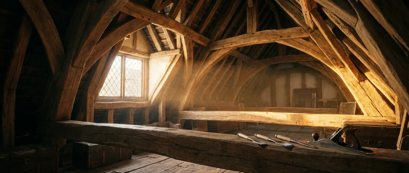 Vue cinématique épique d'une charpente en bois massive, illustrant la consolidation d'une panne.