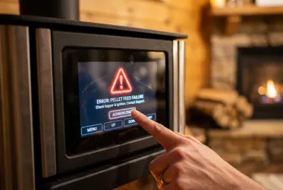 Écran tactile de poêle à granulés Rika affichant un code erreur