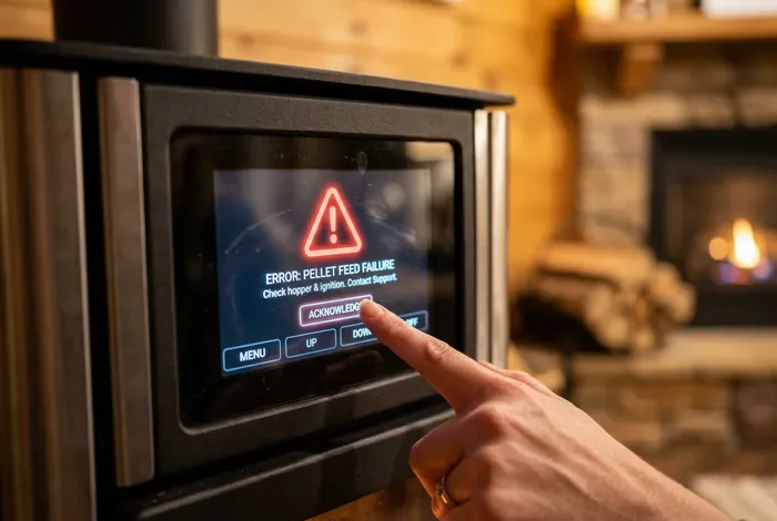 Écran tactile de poêle à granulés Rika affichant un code erreur