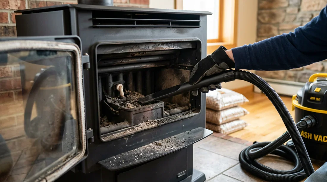 Nettoyage de la chambre de combustion d'un poêle avec un aspirateur à cendres