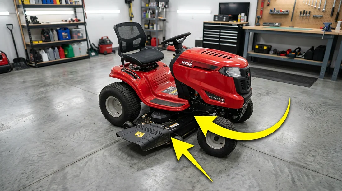 Emplacement du ressort de tension sur tracteur tondeuse MTD Vue en plongée d'un tracteur tondeuse MTD rouge dans un garage avec des repères visuels sous le châssis.