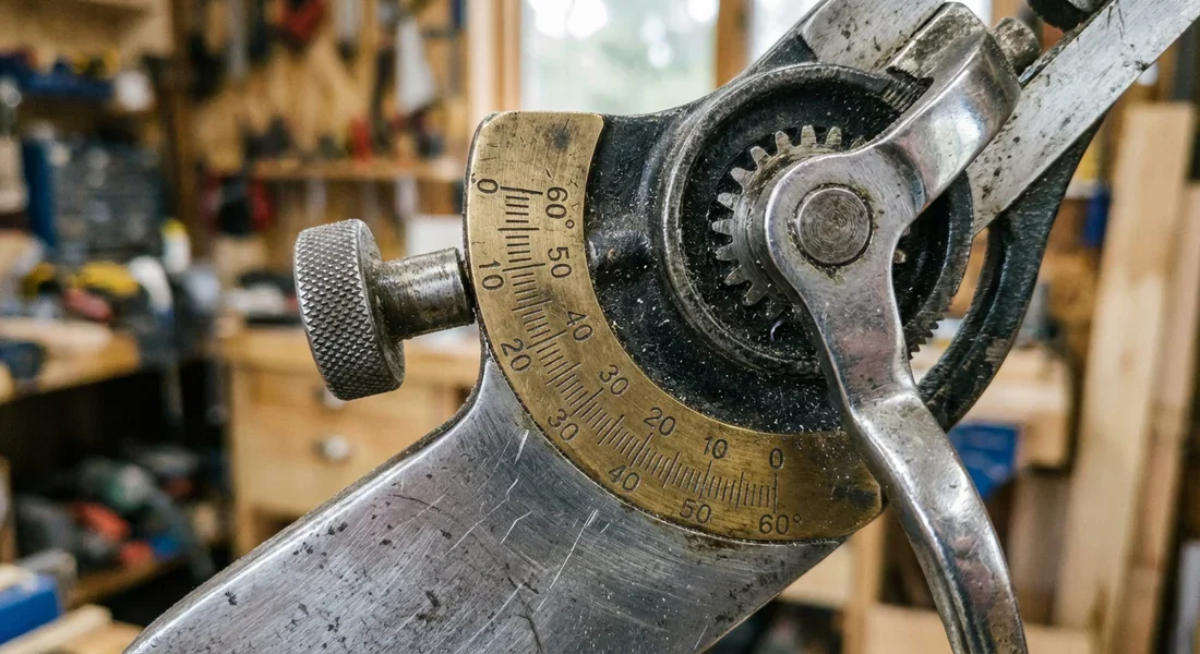 Détail du guide d'angle et du mécanisme de verrouillage d'une scie à onglet.