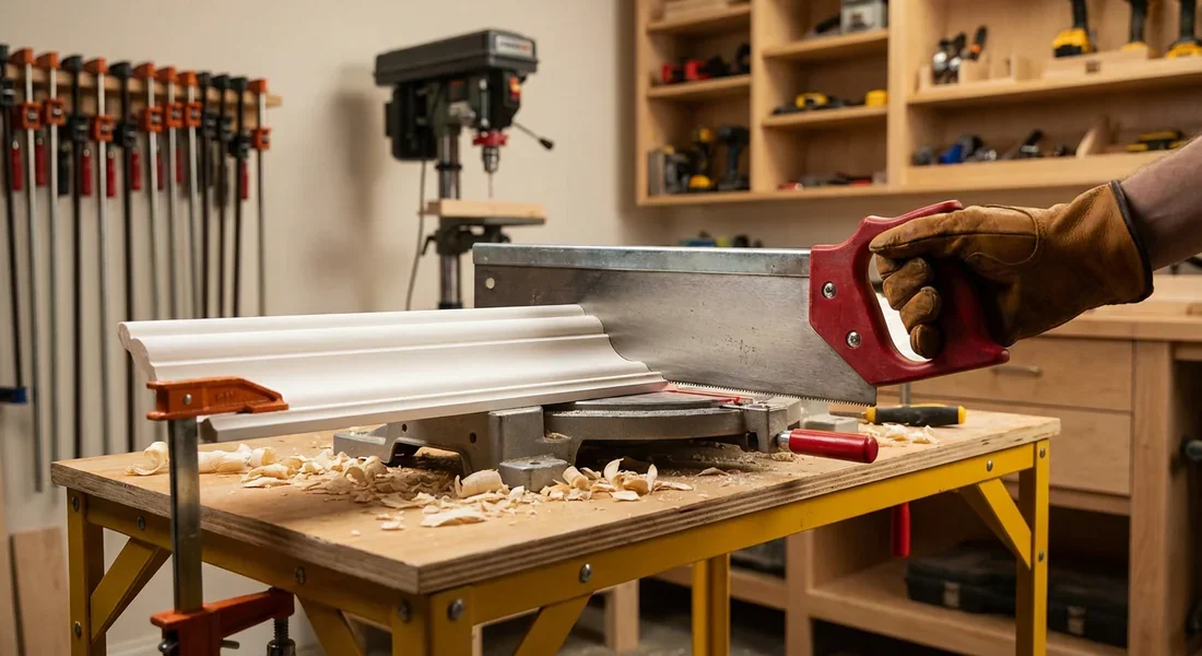 Main gantée utilisant une scie à onglet manuelle pour couper une moulure blanche dans un atelier propre.