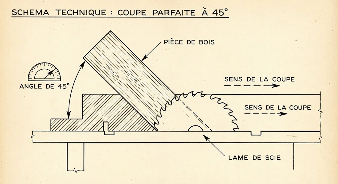 Schéma explicatif pour une coupe d'onglet à 45 degrés.