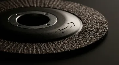 Gros plan sur un disque de meuleuse avec flèche directionnelle visible, icône de sécurité.