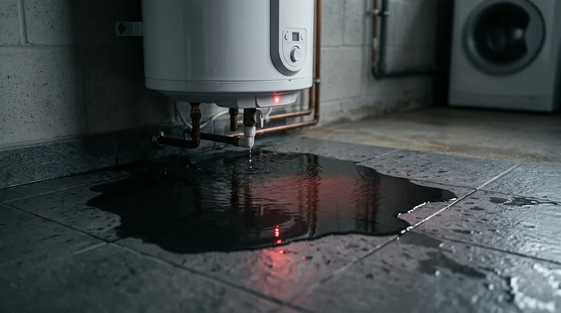 Fuite d'eau sous un chauffe-eau électrique Flaque d'eau sous un chauffe-eau électrique résidentiel avec voyant de sécurité