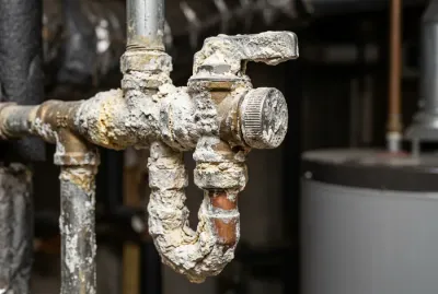 Gros plan macro sur un groupe de sécurité de chauffe-eau entartré