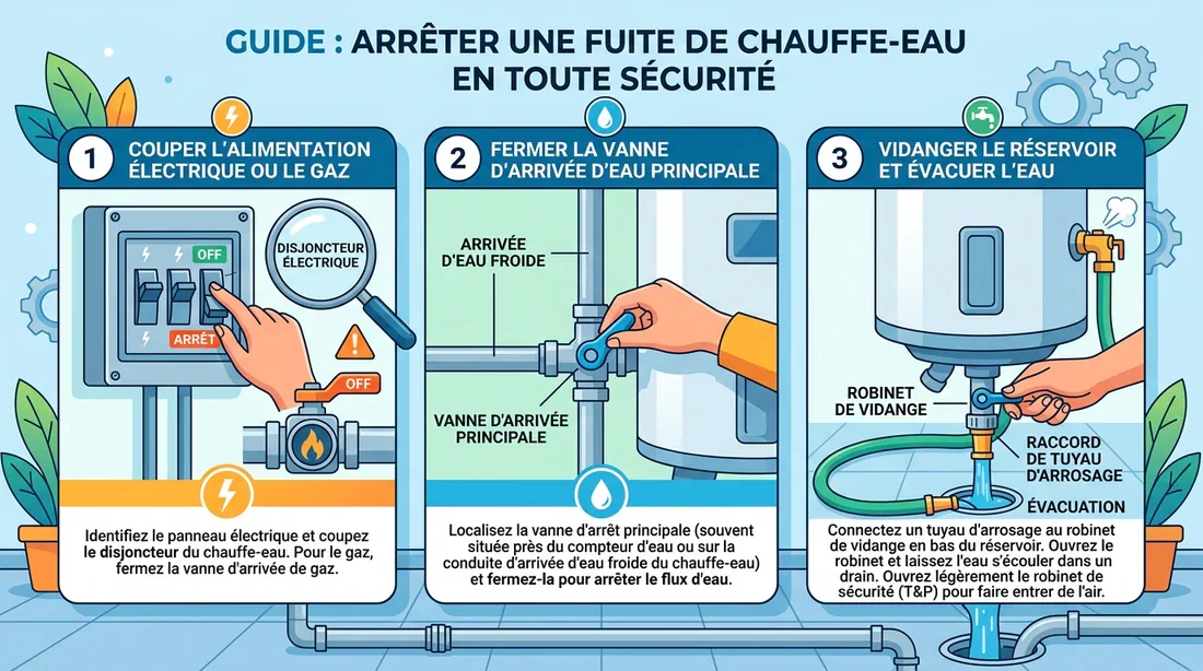 Schéma des étapes de sécurité chauffe-eau Infographie explicative des démarches pour couper l'eau et l'électricité du chauffe-eau