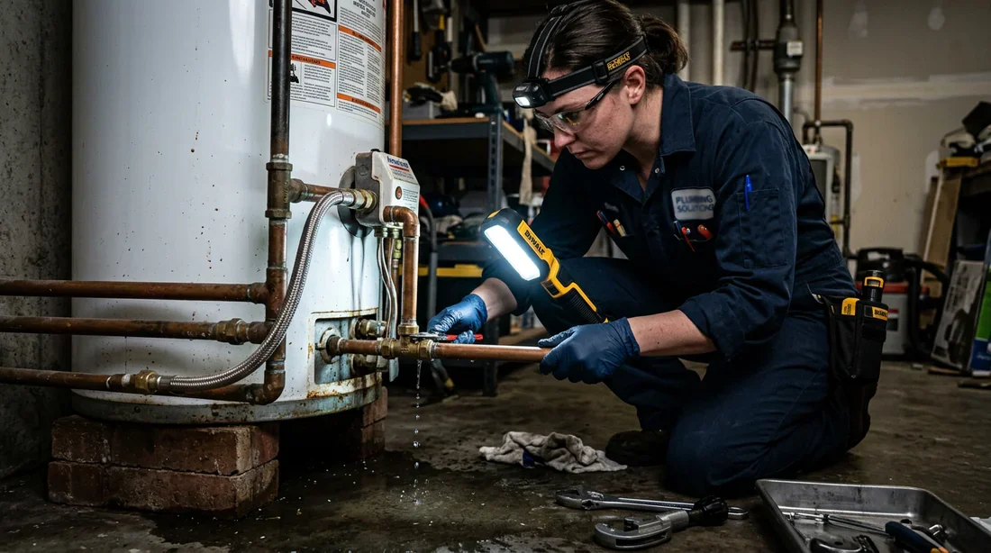 Inspection et recherche d'origine de la fuite d'eau Technicien inspectant les raccords sous un chauffe-eau qui fuit