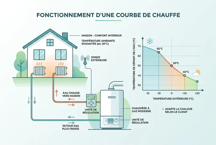 Mode SRA chaudière : Guide pour économiser - SRA Chaudière : 15% d'économie en 2026 - Le mode SRA de votre chaudière est-il activé ? Infographie illustrant la courbe de chauffe d'une chaudière domestique