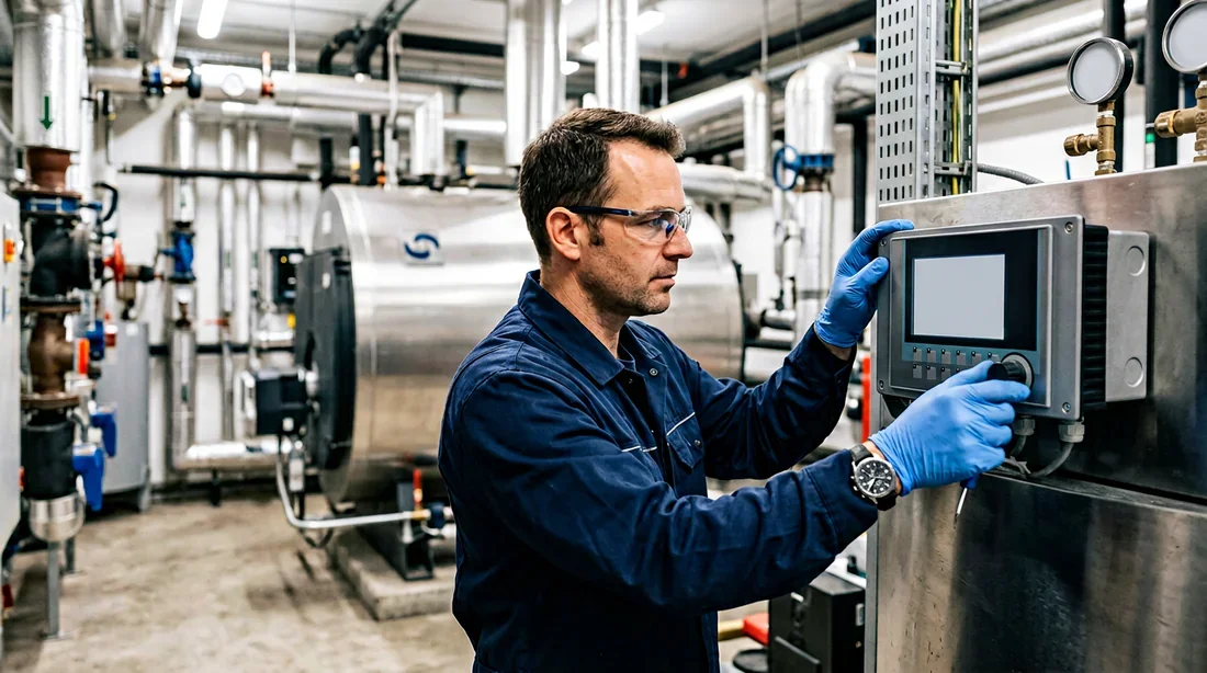 Technicien effectuant le réglage d'une chaudière moderne