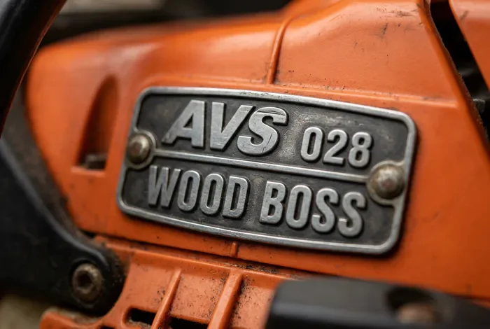 Gros plan sur le logo Wood Boss et la plaque 028 AVS sur le capot orange Stihl