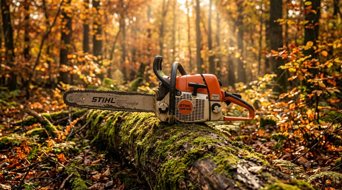Tronçonneuse Stihl 028 AVS Wood Boss en forêt à l'automne Tronçonneuse Stihl 028 AVS Wood Boss propre et restaurée posée sur un rondin de bois en forêt