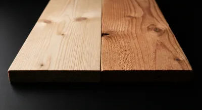 Comparatif en gros plan de deux lames de terrasse, une en mélèze et une en douglas, pour illustrer le choix du bois.