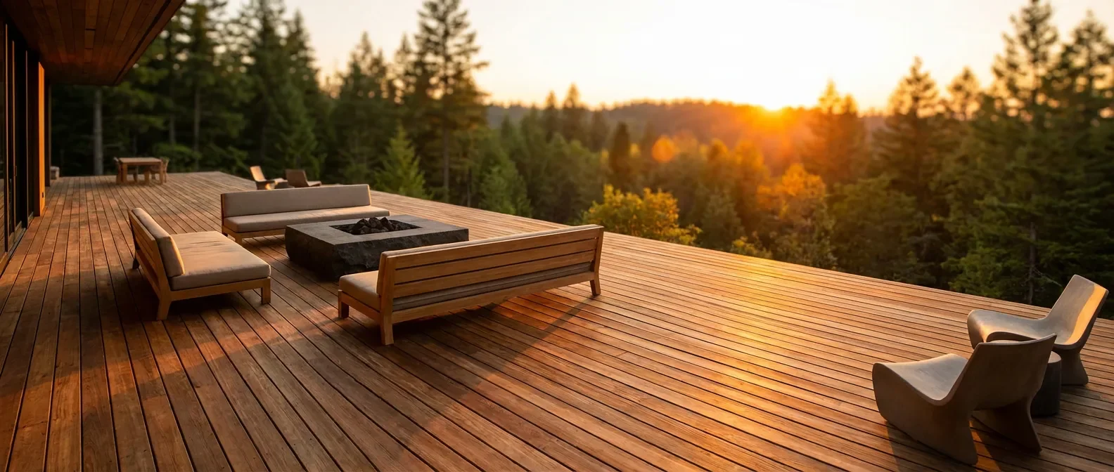 Terrasse en bois mélèze ou douglas : une vue d'exception Superbe et large terrasse en bois, mélèze ou douglas, devant un paysage de forêt au coucher du soleil, style magazine de luxe.