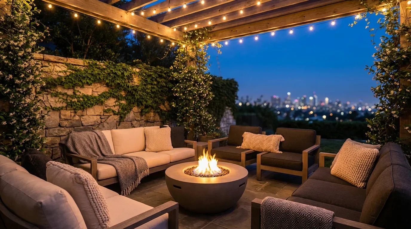 Coin salon extérieur cosy sur une terrasse encaissée avec guirlandes lumineuses et brasero