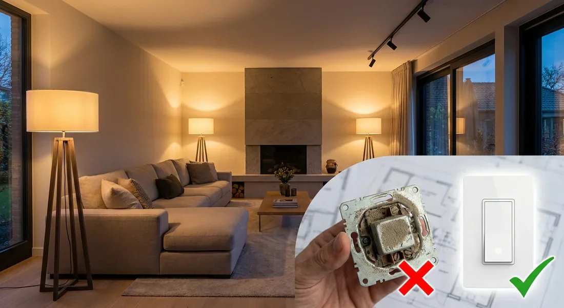 Remplacer un télérupteur par un télévariateur Comparaison entre un ancien télérupteur modulaire et un nouveau télévariateur dans un salon moderne