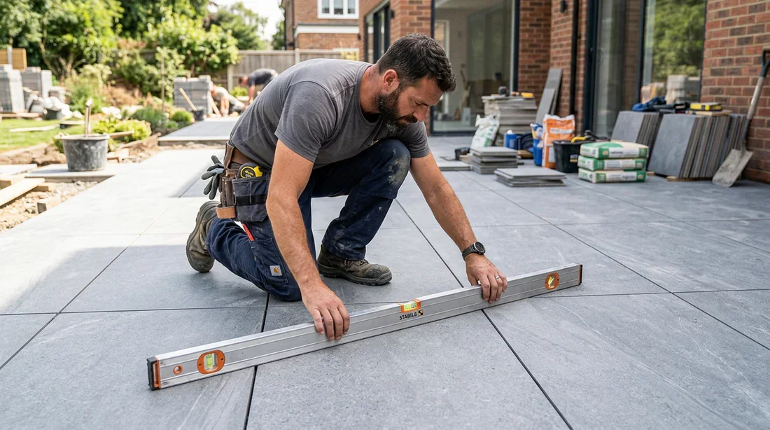 Inspection préalable de la terrasse carrelée pour véranda Artisan contrôlant le niveau et l'état de la terrasse carrelée avant travaux