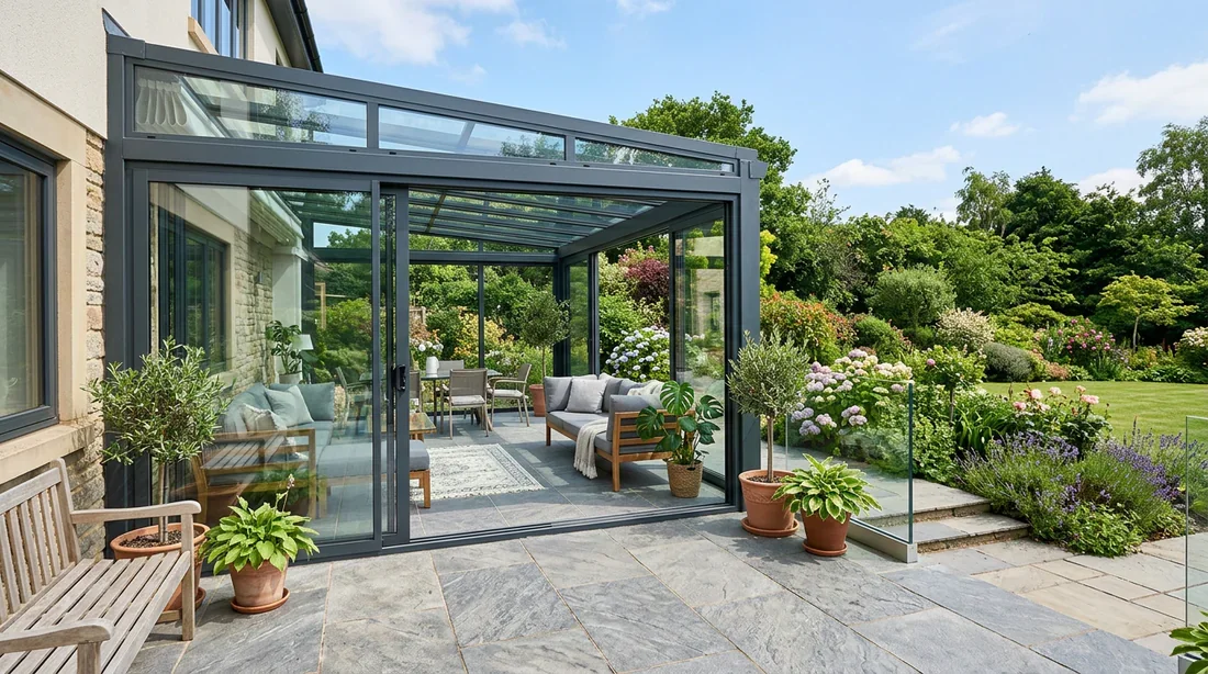 Installation de véranda moderne sur terrasse carrelée Véranda moderne en aluminium anthracite posée sur une terrasse carrelée existante