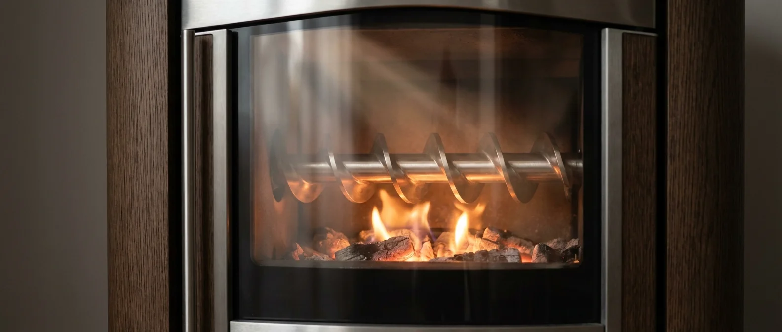 Vue cinématique d'un poêle à granulés moderne mettant en avant le mécanisme de la vis sans fin