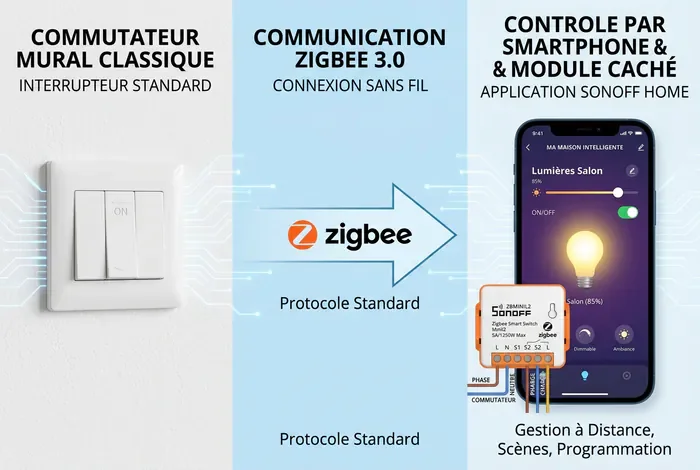 Infographie comparative entre interrupteur classique et domotique Zigbee avec Sonoff ZBMINIL2