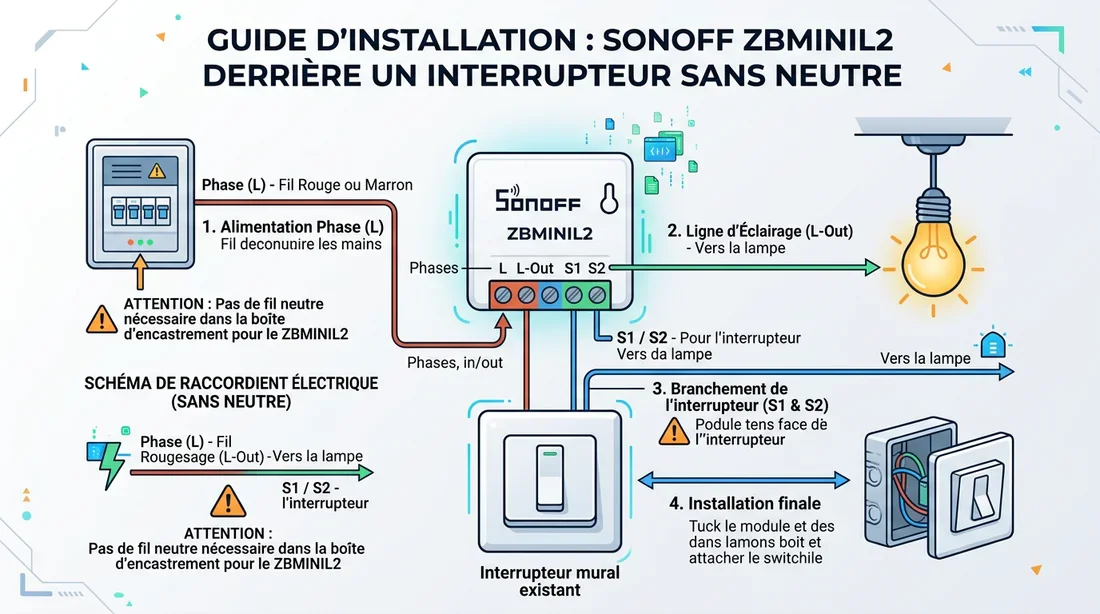 Schéma de câblage du Sonoff ZBMINIL2 sans neutre derrière un interrupteur